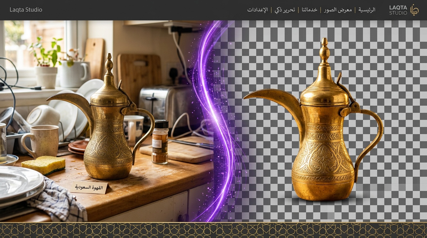 مقارنة قبل وبعد إزالة خلفية صورة دلة قهوة سعودية نحاسية باستخدام الذكاء الاصطناعي من لقطة