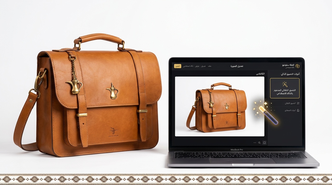 إزالة الكتابة والعلامات المائية من صورة حقيبة جلدية سعودية قبل وبعد عبر أداة لقطة بالذكاء الاصطناعي