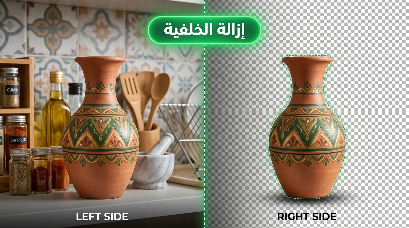 إزالة خلفية صورة إناء فخار سعودي قبل وبعد بنقرة واحدة عبر لقطة استوديو