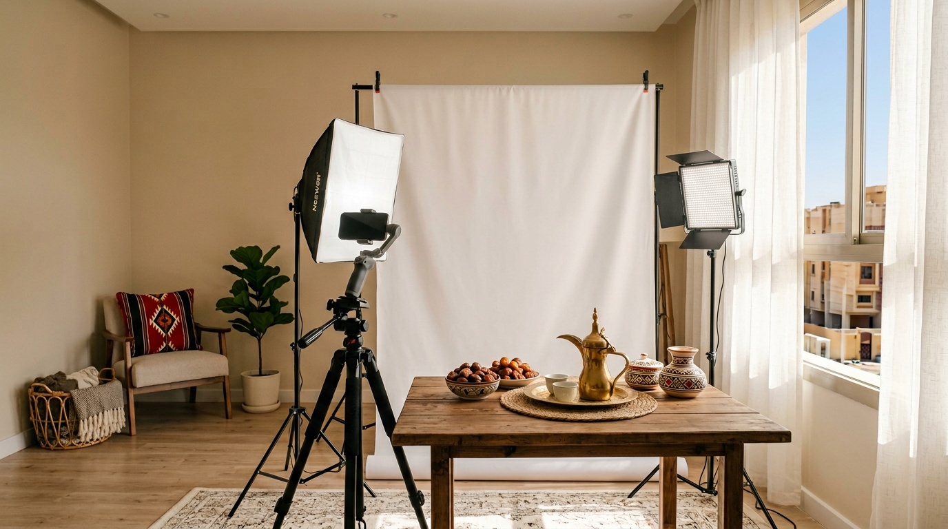 استوديو منزلي لتصوير المنتجات في بيت سعودي مع إضاءة احترافية وأدوات بسيطة - لقطة