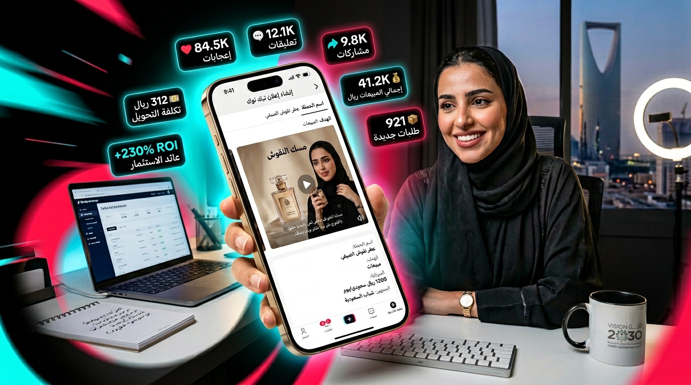 تصميم إعلان تيك توك ناجح للمتاجر السعودية مع إحصائيات التفاعل والمبيعات - لقطة استوديو