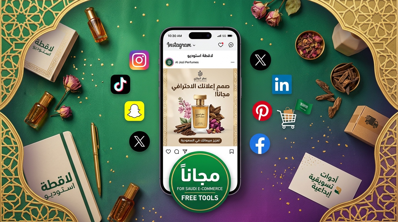 أدوات إعلان مجاني للمتاجر السعودية مع تصميم إعلان عربي على الهاتف من لقطة استوديو