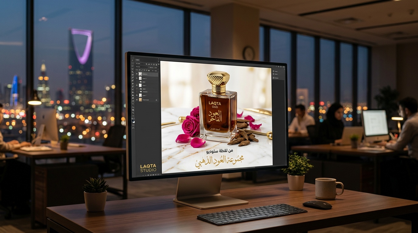 إعلان منتج احترافي لعطر سعودي بتصميم عربي أنيق على شاشة لقطة استوديو