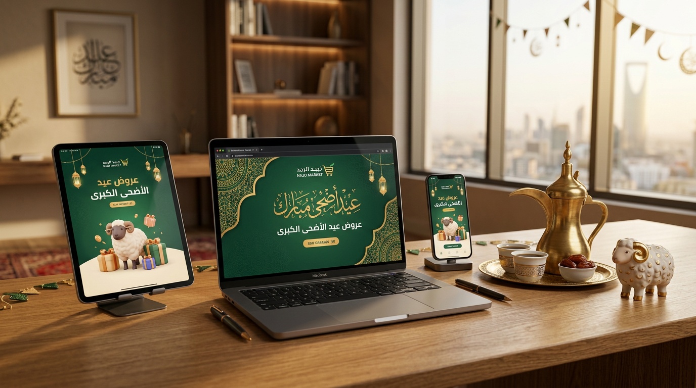 نماذج اعلانات عيد الاضحى المبارك احترافية للمتاجر السعودية على أجهزة متعددة