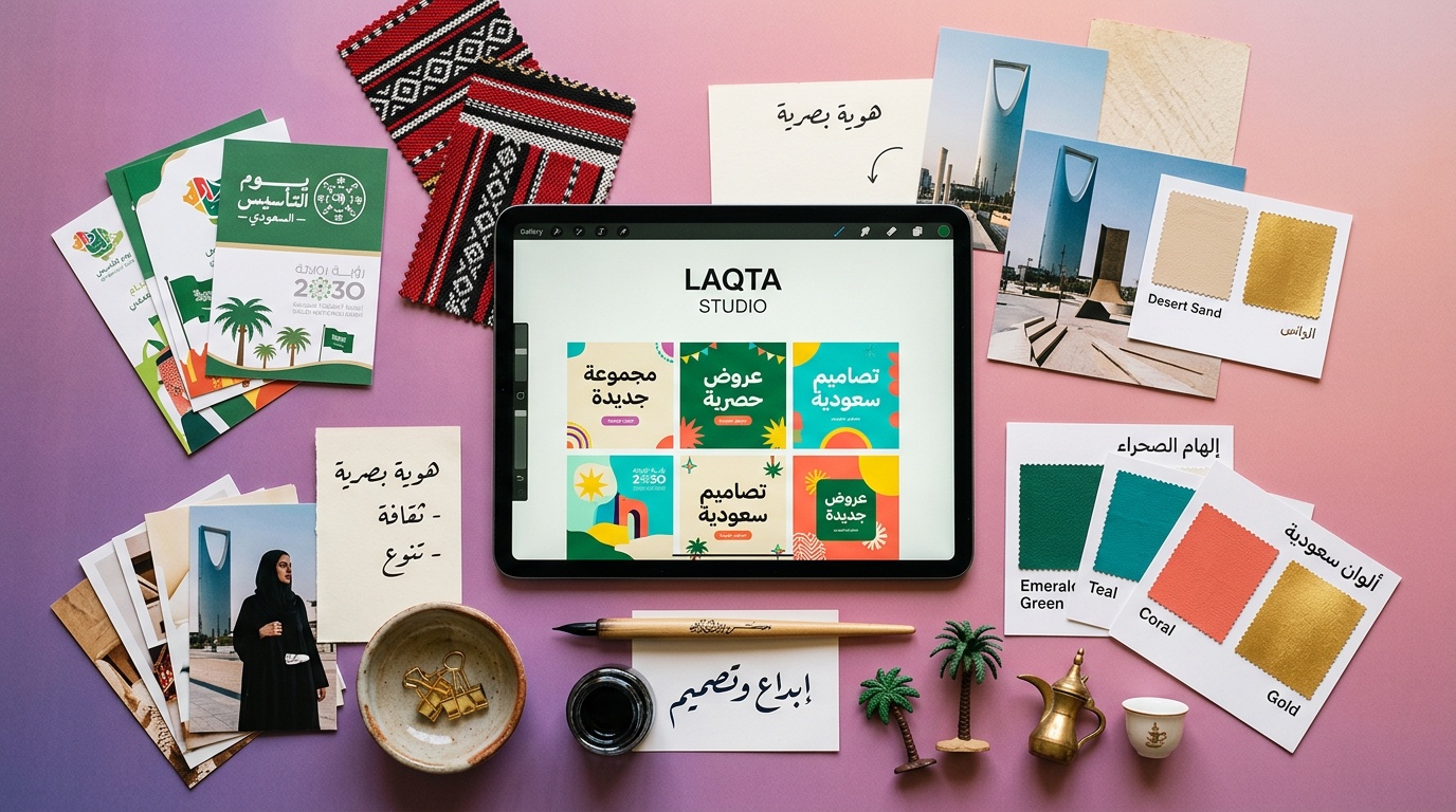 أفكار تصميم إبداعية سعودية مع لوحة إلهام وأنماط سدو وأدوات لقطة استوديو