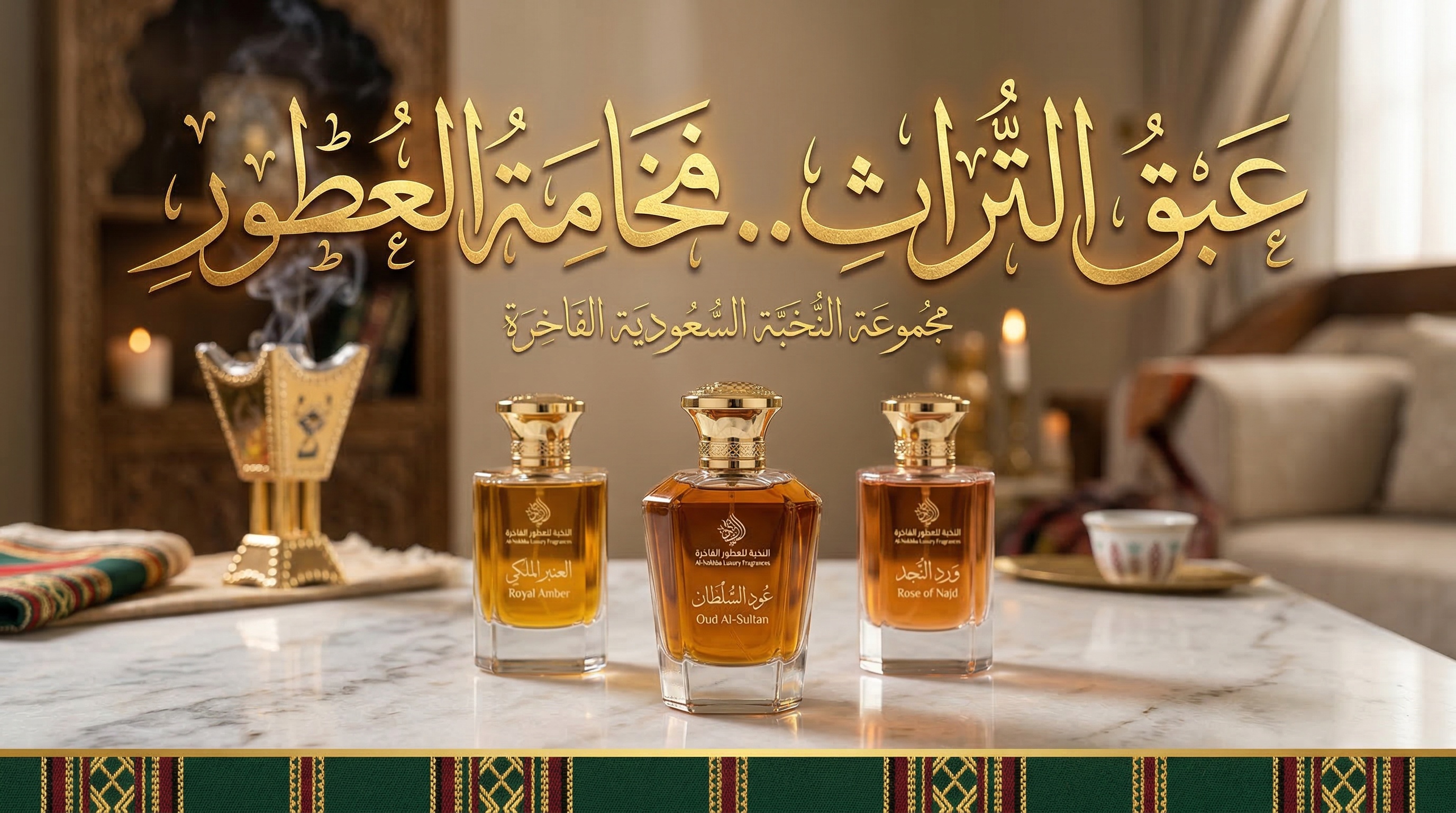 الكتابة بالخط العربي على صورة منتجات عطور سعودية فاخرة