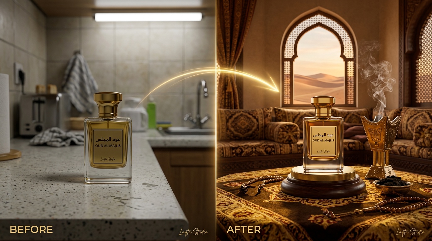 مقارنة خلفيات المنتجات - من خلفية عادية إلى مجلس سعودي أنيق مع بديل فوتو روم