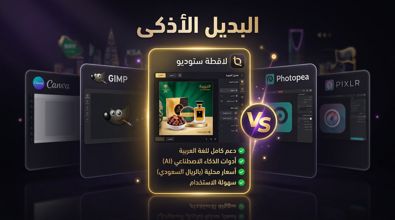 مقارنة أفضل بدائل فوتوشوب للتجارة الإلكترونية السعودية - لقطة كبديل أذكى بدعم عربي كامل
