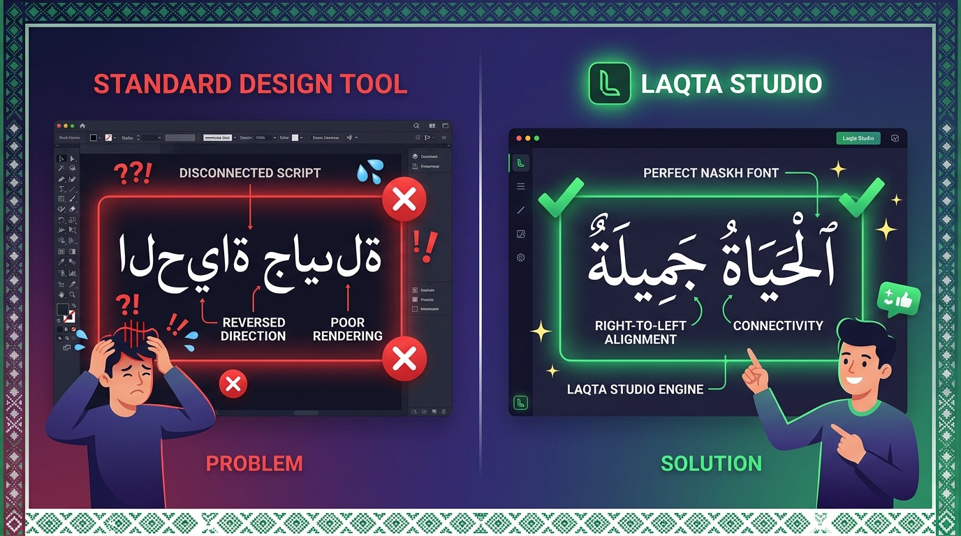 مقارنة دعم النصوص العربية - نصوص مقلوبة مقابل نصوص صحيحة في بديل كانفا العربي