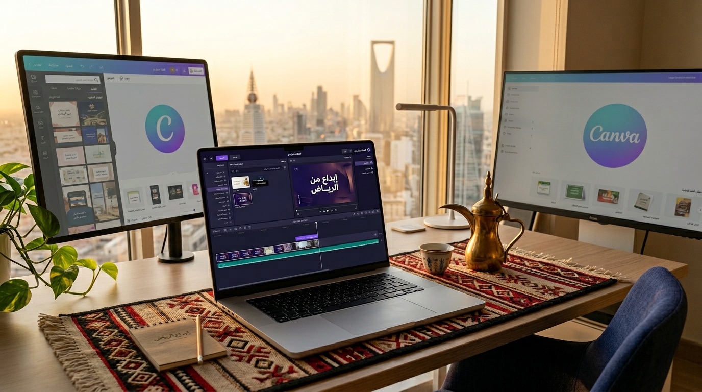 أفضل بديل كانفا عربي - واجهة لقطة استوديو على لابتوب في مساحة عمل سعودية حديثة