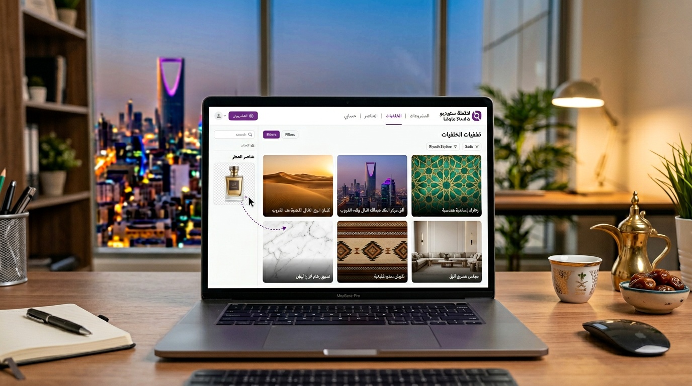 برنامج خلفيات لقطة يعرض مكتبة خلفيات سعودية فاخرة للمنتجات - صحراء ذهبية وأفق الرياض ورخام وأنماط إسلامية