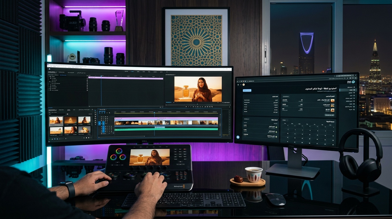 مساحة مونتاج فيديو احترافية في الرياض مع واجهة لقطة استوديو وإضاءة بنفسجية