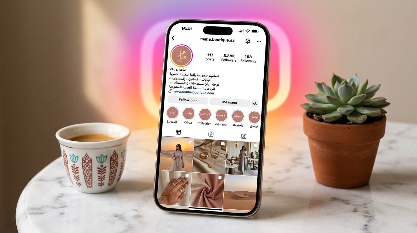 بروفايل انستقرام احترافي لمتجر سعودي مع بايو عربي وفيد متناسق