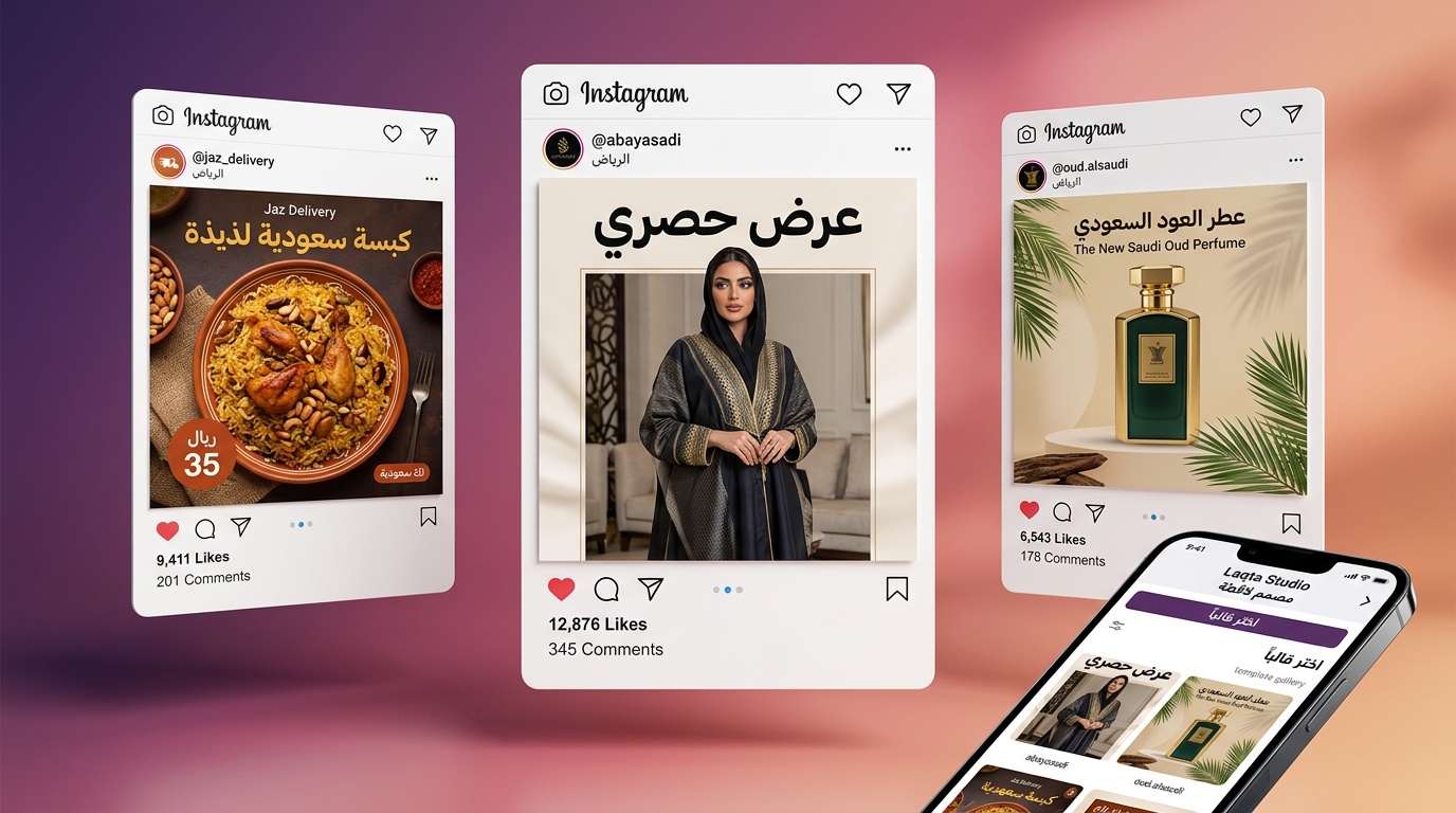 ثلاثة تصاميم بوست انستقرام احترافية بالعربية لمنتجات سعودية - أزياء وطعام وعطور من لقطة