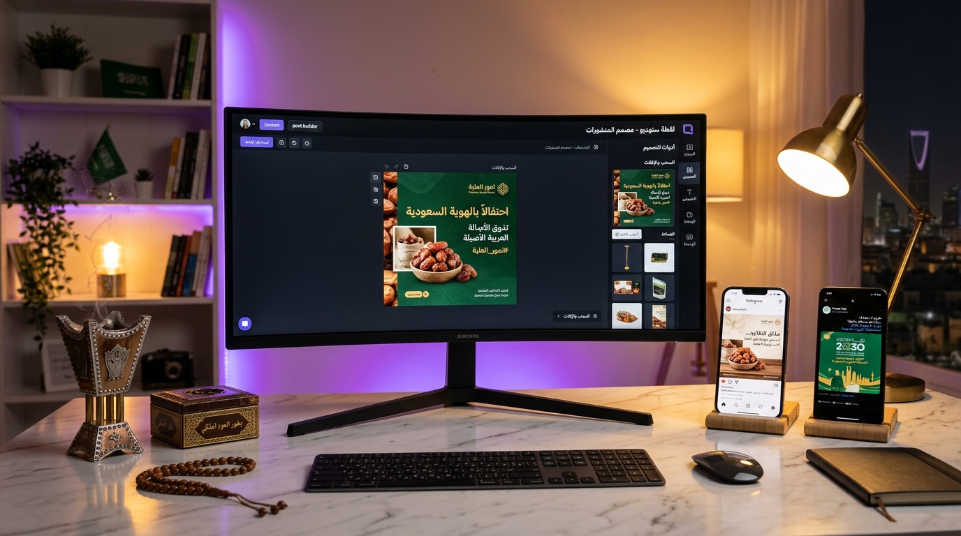 تصميم بوست سعودي احترافي من لقطة استوديو مع خط عربي ومنتجات سعودية
