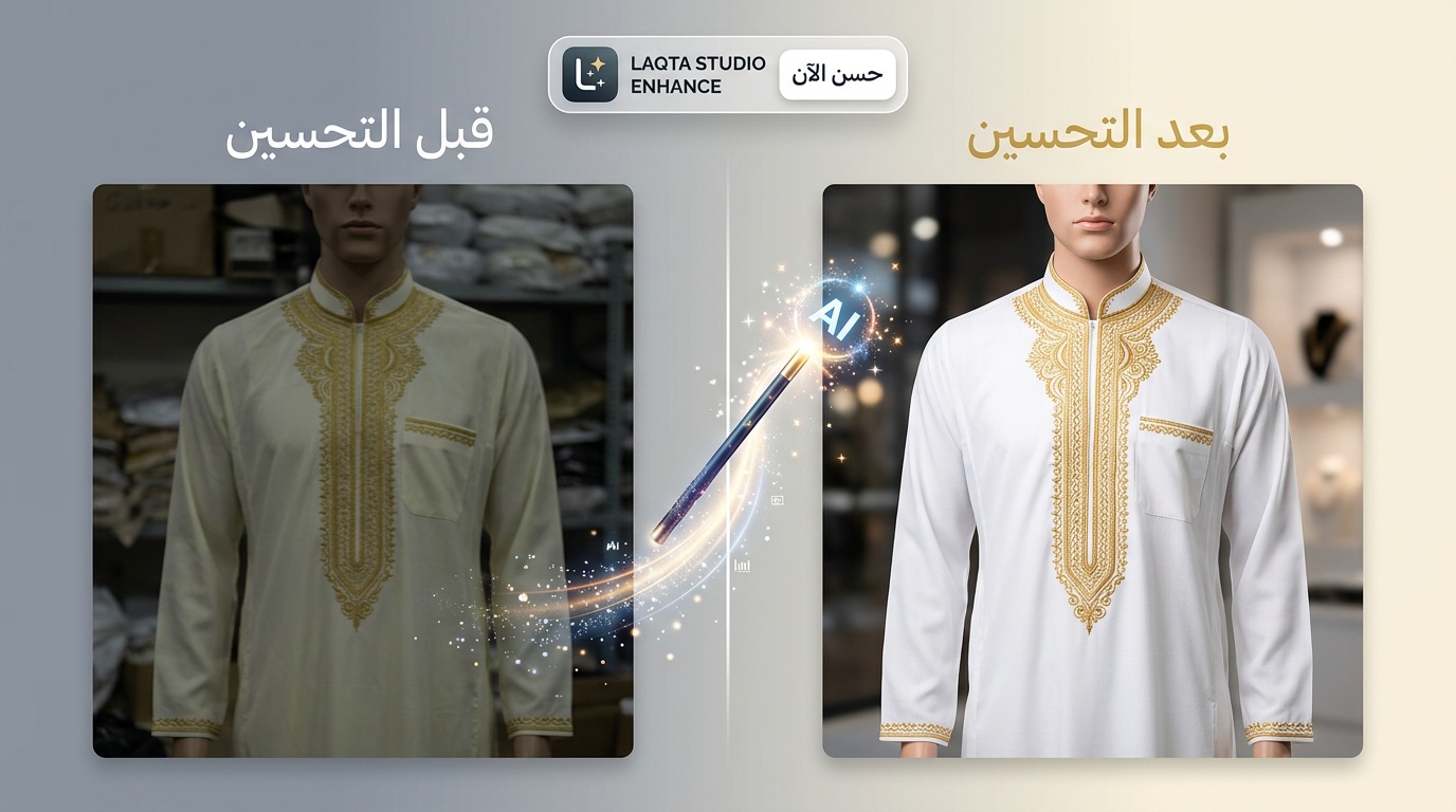 تحسين صورة ثوب سعودي مطرز قبل وبعد بالذكاء الاصطناعي عبر لقطة استوديو مع تفاصيل التطريز