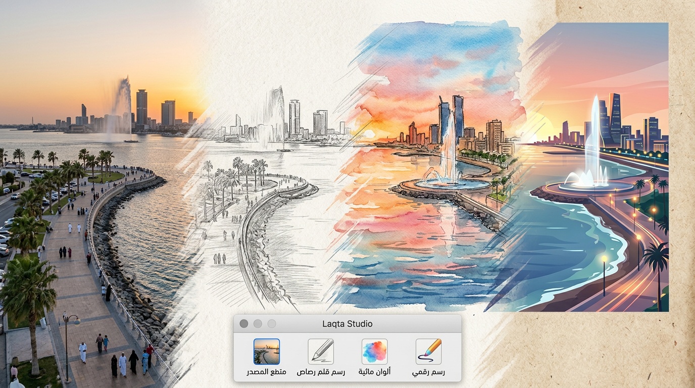 تحويل صورة كورنيش جدة إلى رسم بأساليب فنية متعددة من قلم رصاص إلى ألوان مائية عبر لقطة
