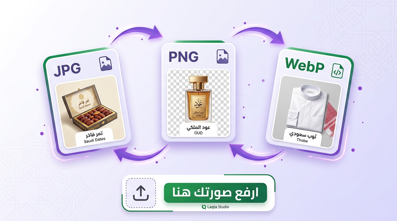 تحويل صيغ صور منتجات سعودية بين JPG وPNG وWebP باستخدام أداة لقطة المجانية