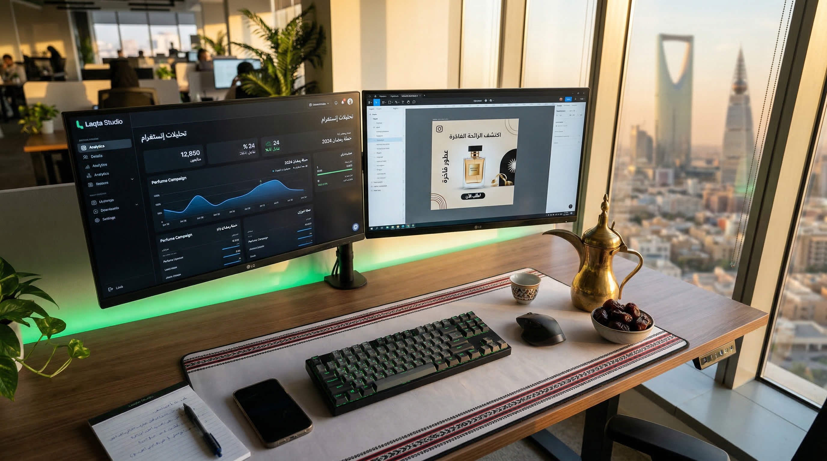 مساحة عمل تسويق إلكتروني سعودية احترافية مع شاشات تحليلات وتصاميم إعلانات عربية
