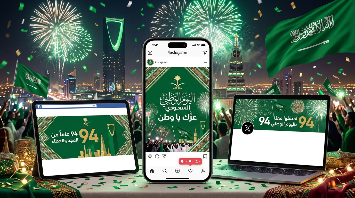 تصاميم اليوم الوطني السعودي 94 - قوالب احترافية بالأخضر والأبيض