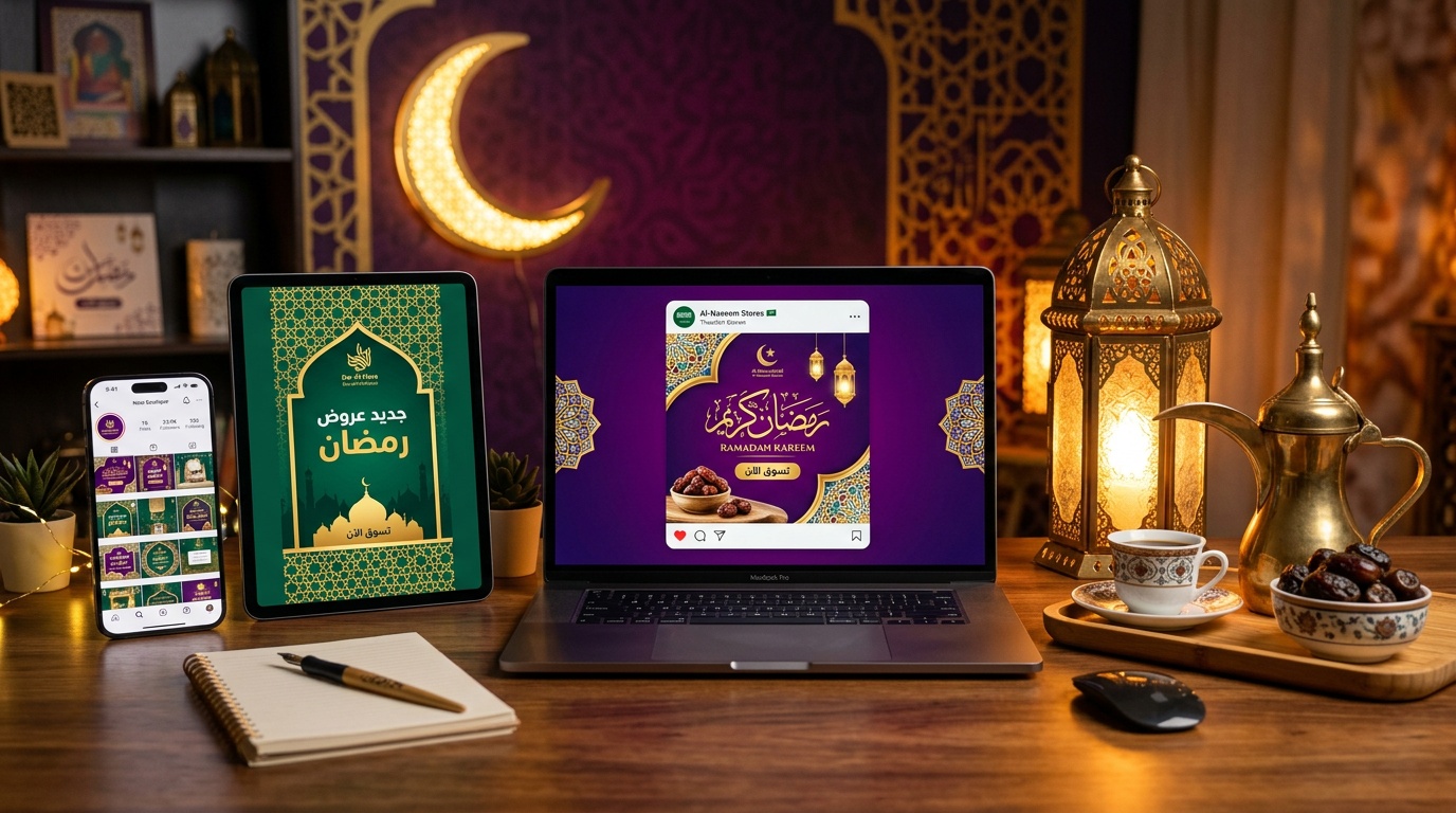 تصاميم رمضان جاهزة - قوالب سوشيال ميديا رمضانية على أجهزة متعددة