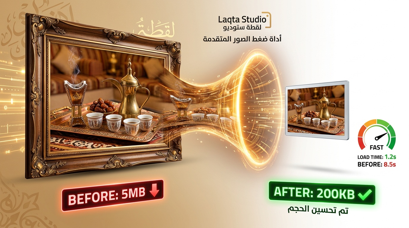 تصغير حجم صورة منتج قهوة سعودي من 5 ميجا إلى 200 كيلوبايت مع الحفاظ على الجودة عبر لقطة