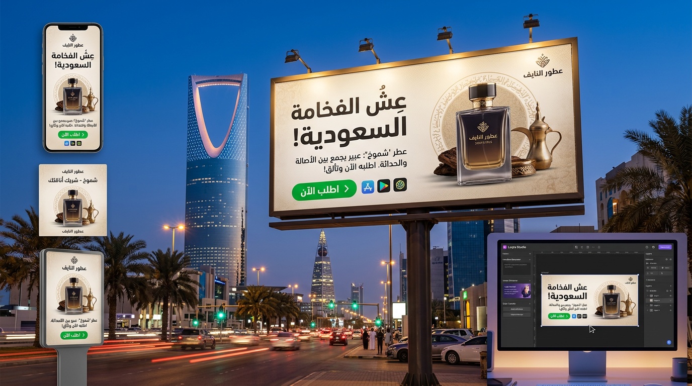 تصميم إعلان تجاري سعودي احترافي على لوحة إعلانية في شوارع الرياض الحديثة