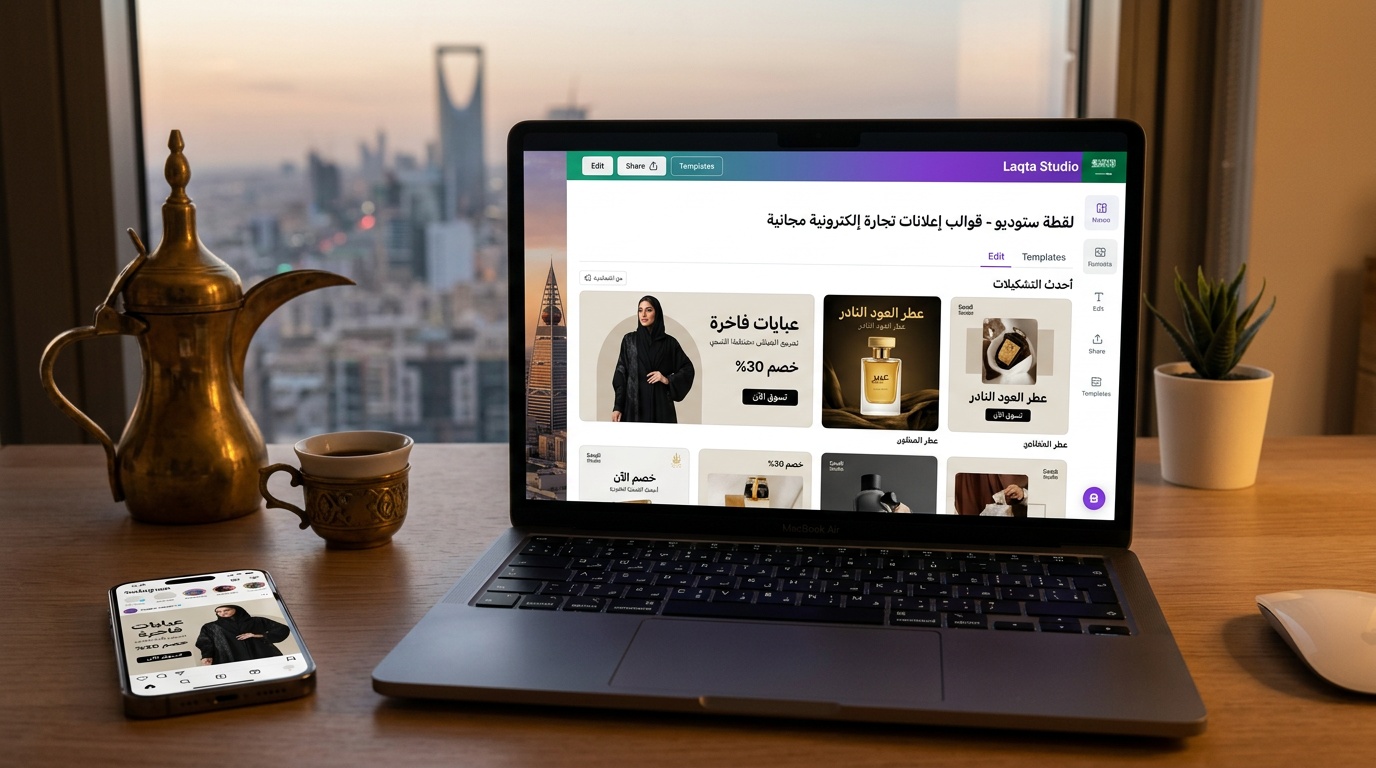 واجهة لقطة استوديو لتصميم إعلانات مجانية بقوالب عربية ومنتجات سعودية على خلفية بنفسجية