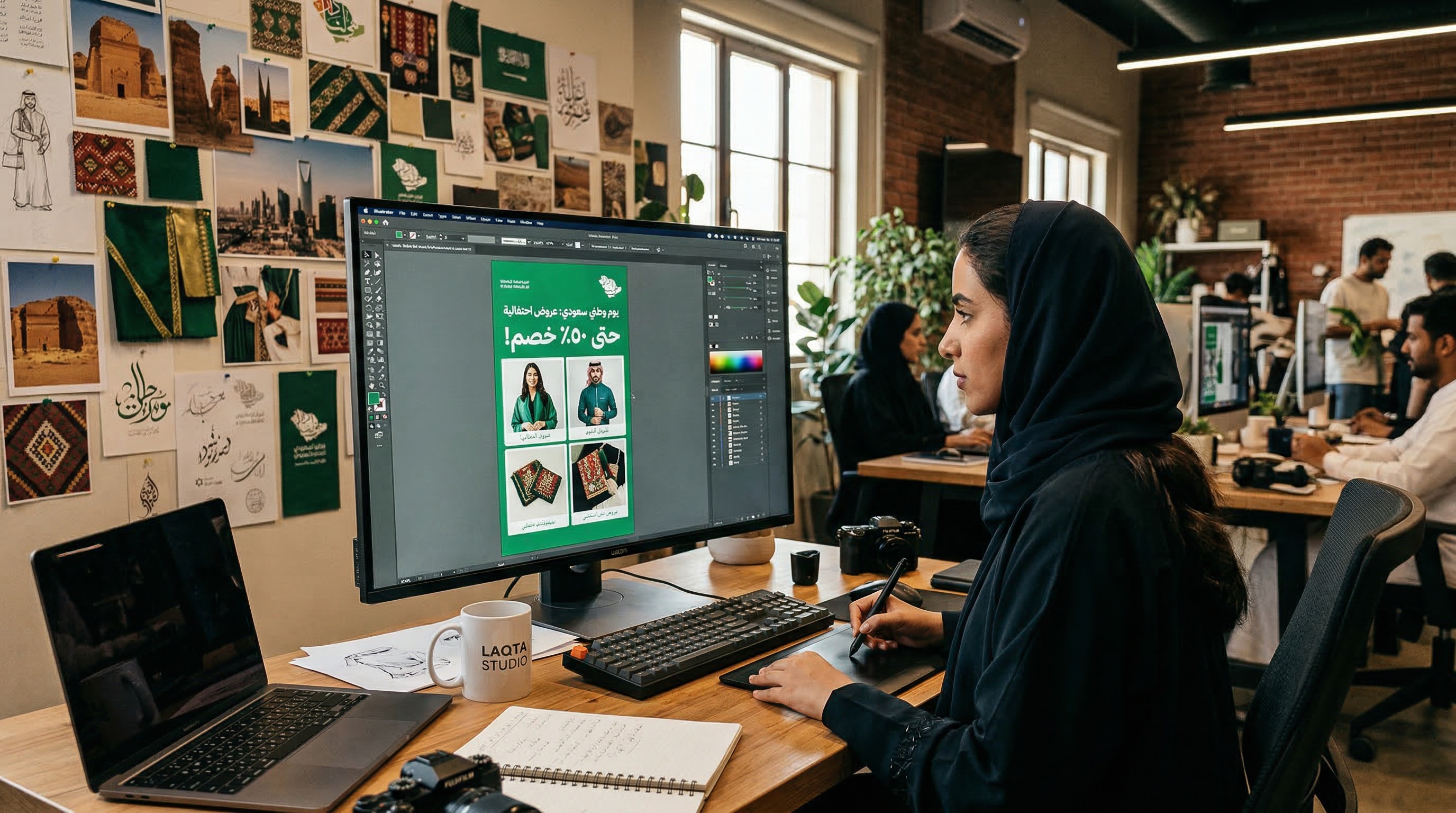 تصميم إعلان اليوم الوطني السعودي في استوديو لقطة مع خط عربي جريء