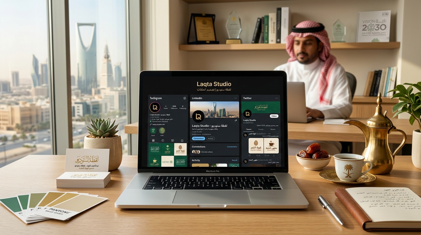 تصميم بروفايلات سوشيال ميديا احترافية لمتاجر سعودية على واجهة لقطة استوديو مع قهوة عربية