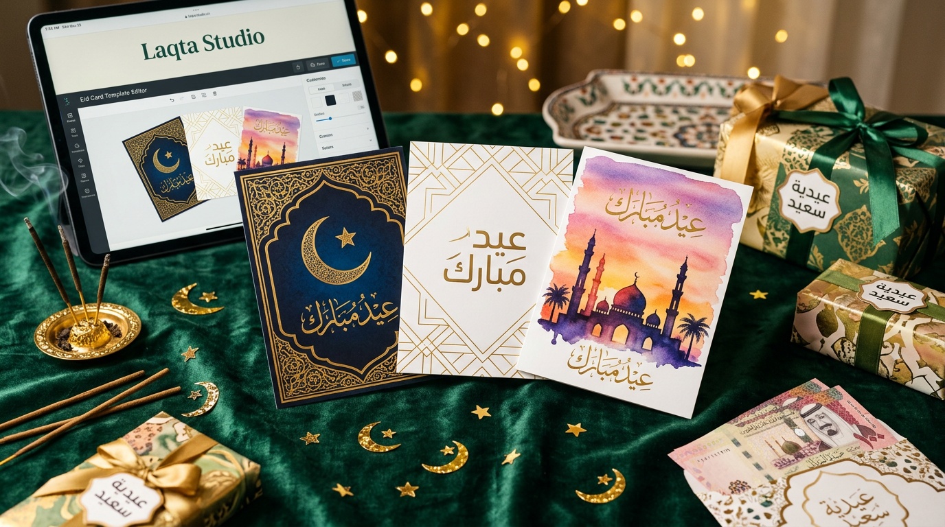 تصاميم بطاقات تهنئة عيد مبارك بخط عربي وزخارف إسلامية فاخرة