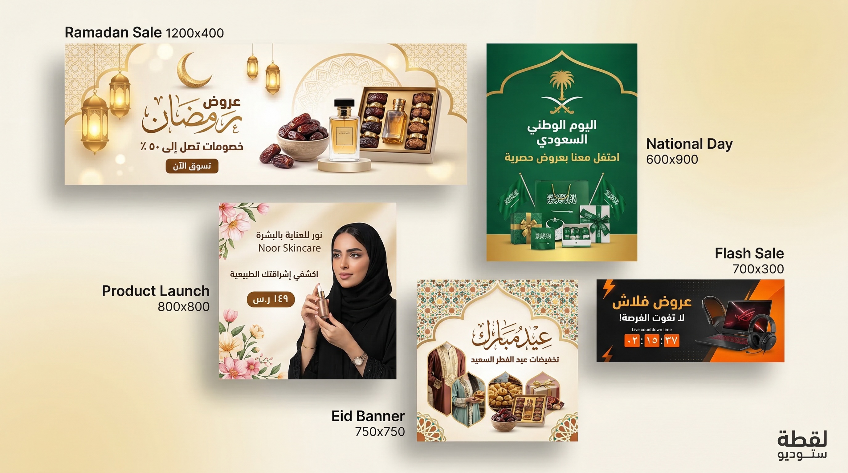 تصميم بنرات إعلانية سعودية لرمضان واليوم الوطني والعيد بخط عربي احترافي عبر لقطة استوديو