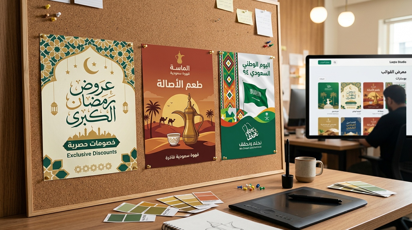 ثلاث بوسترات تسويقية احترافية بتصاميم سعودية معروضة في وكالة إبداعية مع قوالب لقطة استوديو