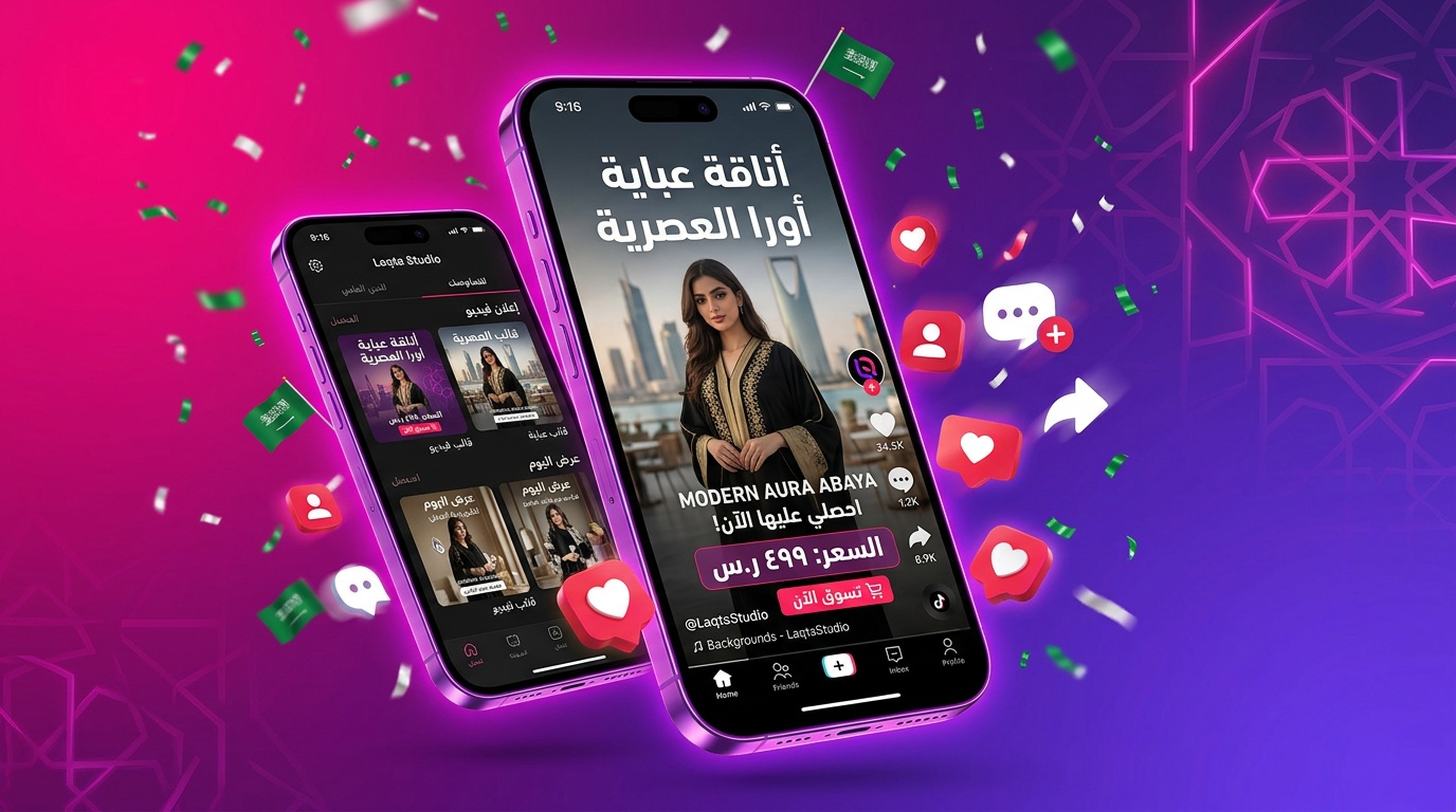 تصميم إعلان تيك توك احترافي لمنتج عباية سعودية بنص عربي جذاب عبر قوالب لقطة استوديو