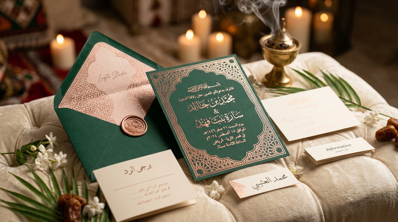 تصميم دعوة زفاف سعودية فاخرة بخط الديواني العربي وزخارف إسلامية مع بخور العود