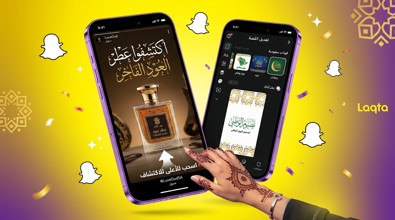 تصميم إعلان سناب شات لعلامة عطور سعودية مع قوالب لقطة استوديو بالعربية وعناصر ثقافية خليجية