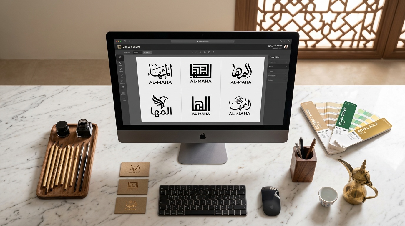 تصميم شعارات عربية احترافية على واجهة لقطة استوديو مع أدوات خط عربي وعناصر سعودية تراثية