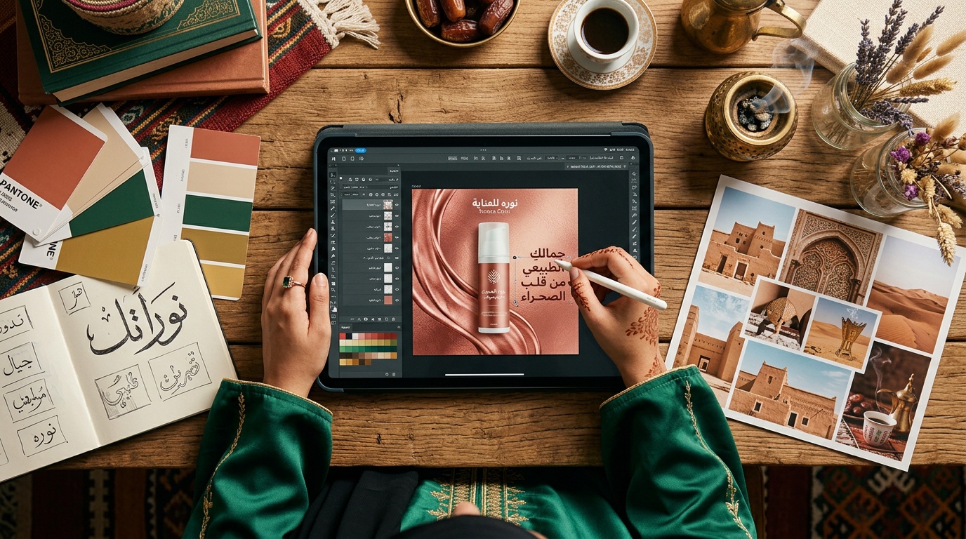 مصممة سعودية تصمم صورة إعلان منتج عناية بالبشرة بالعربية عبر لقطة استوديو على تابلت احترافي
