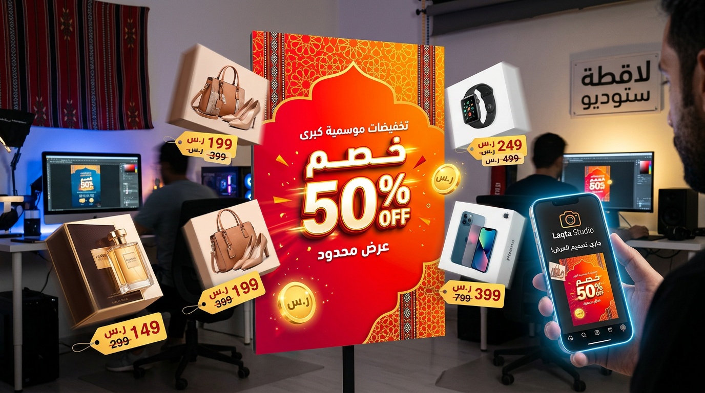 تصميم عروض وخصومات بنص عربي ومنتجات سعودية مع أداة لقطة