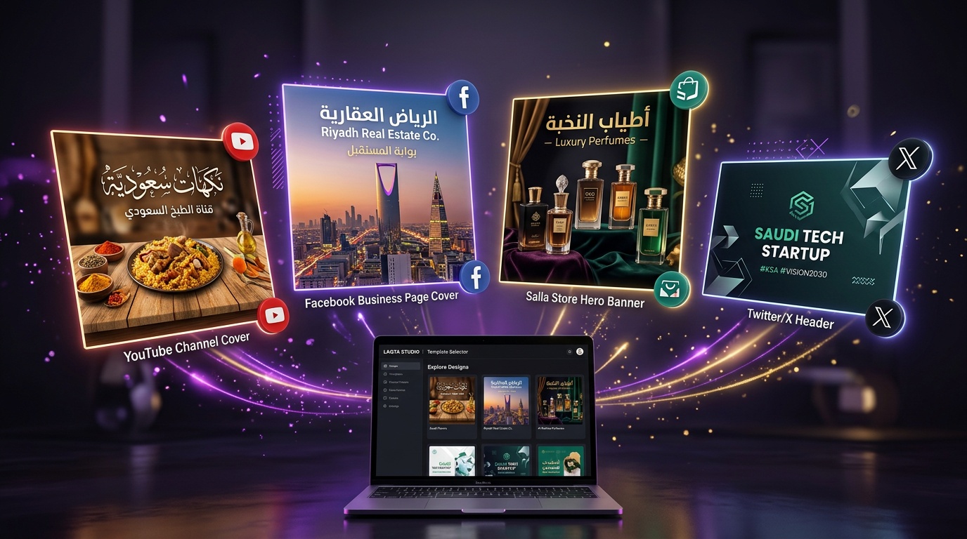 تصميم أغلفة احترافية لمنصات متعددة بالعربي - يوتيوب وفيسبوك وسلة وتويتر بقوالب لقطة السعودية