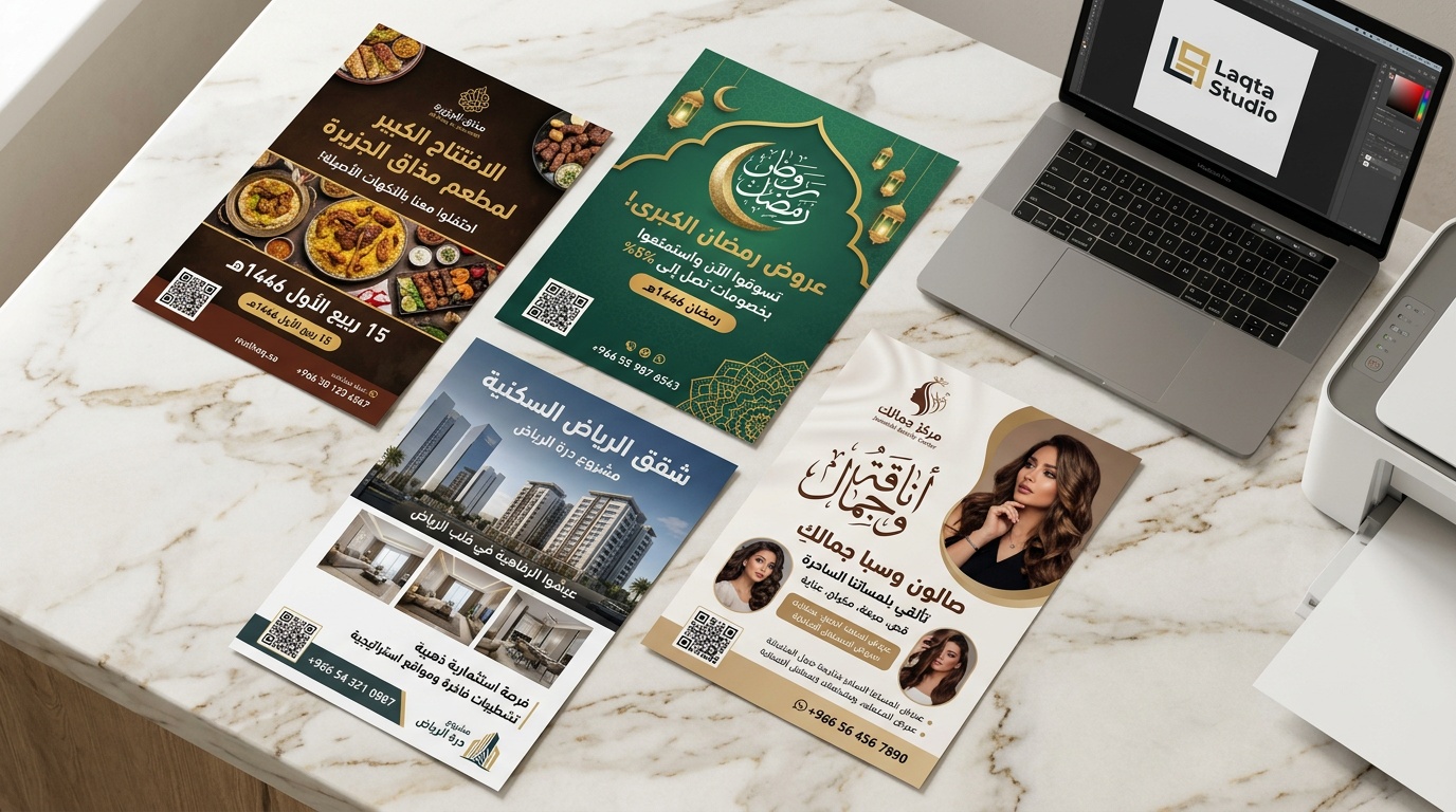تصاميم فلاير عربية احترافية لمطاعم وعروض رمضان وعقارات في السعودية