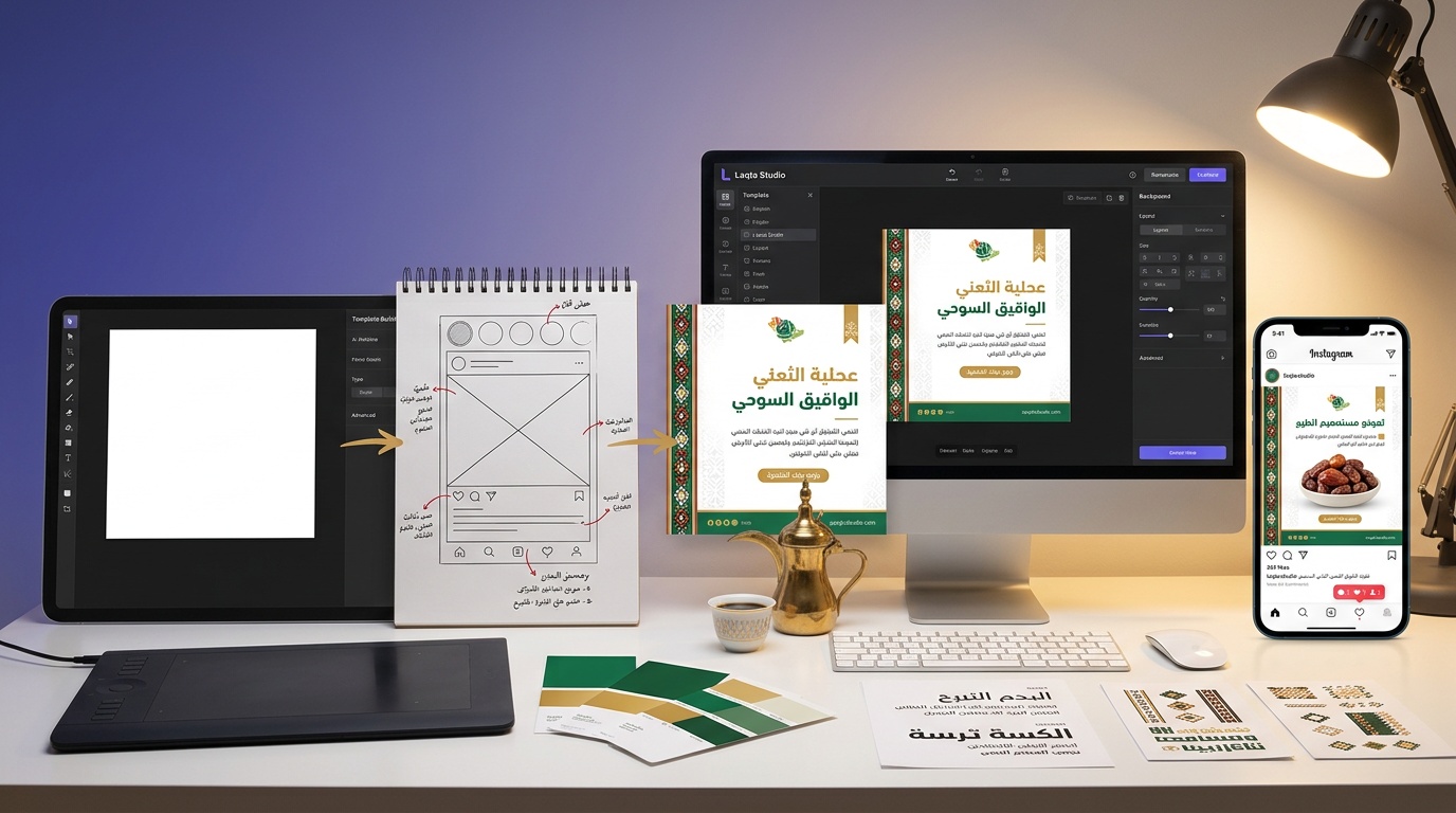 دليل تصميم قوالب احترافية للسوشيال ميديا والمتاجر السعودية - لقطة استوديو