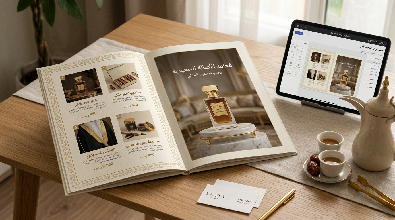 كتالوج منتجات سعودية فاخرة مع تصوير احترافي ونصوص عربية وأسعار بالريال