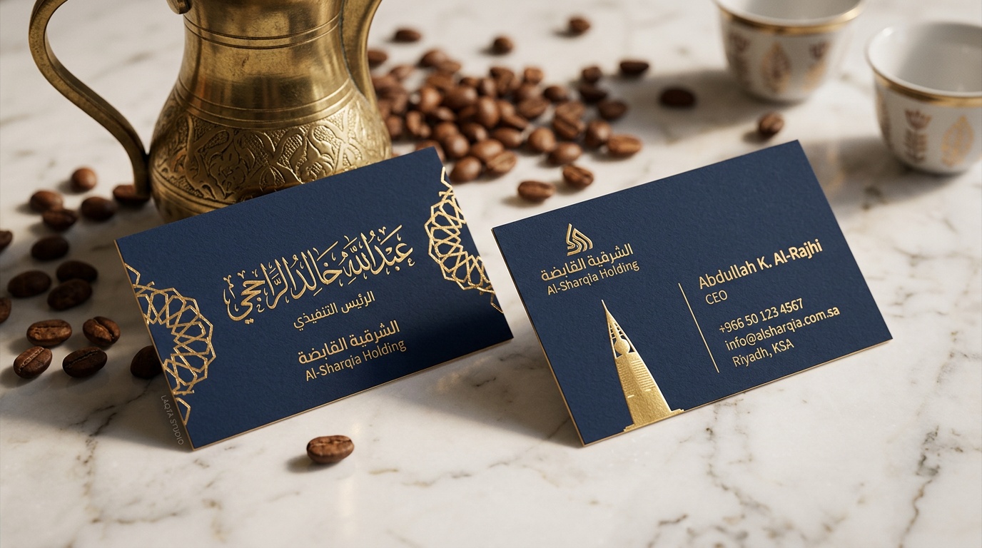 تصميم كرت أعمال سعودي احترافي بخط عربي وزخارف إسلامية على سطح رخامي