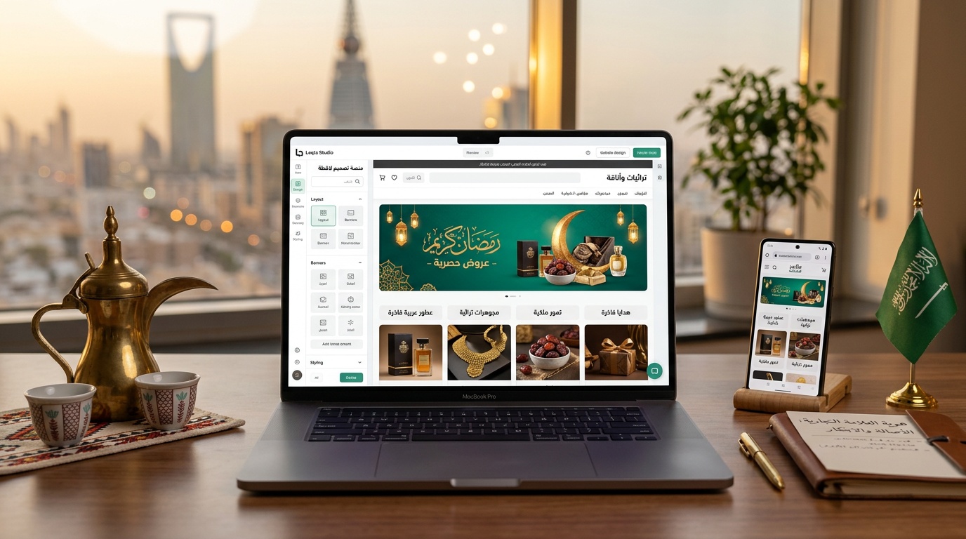 تصميم متجر سلة احترافي مع بنر رمضاني ومنتجات سعودية على واجهة لقطة استوديو ودلة قهوة