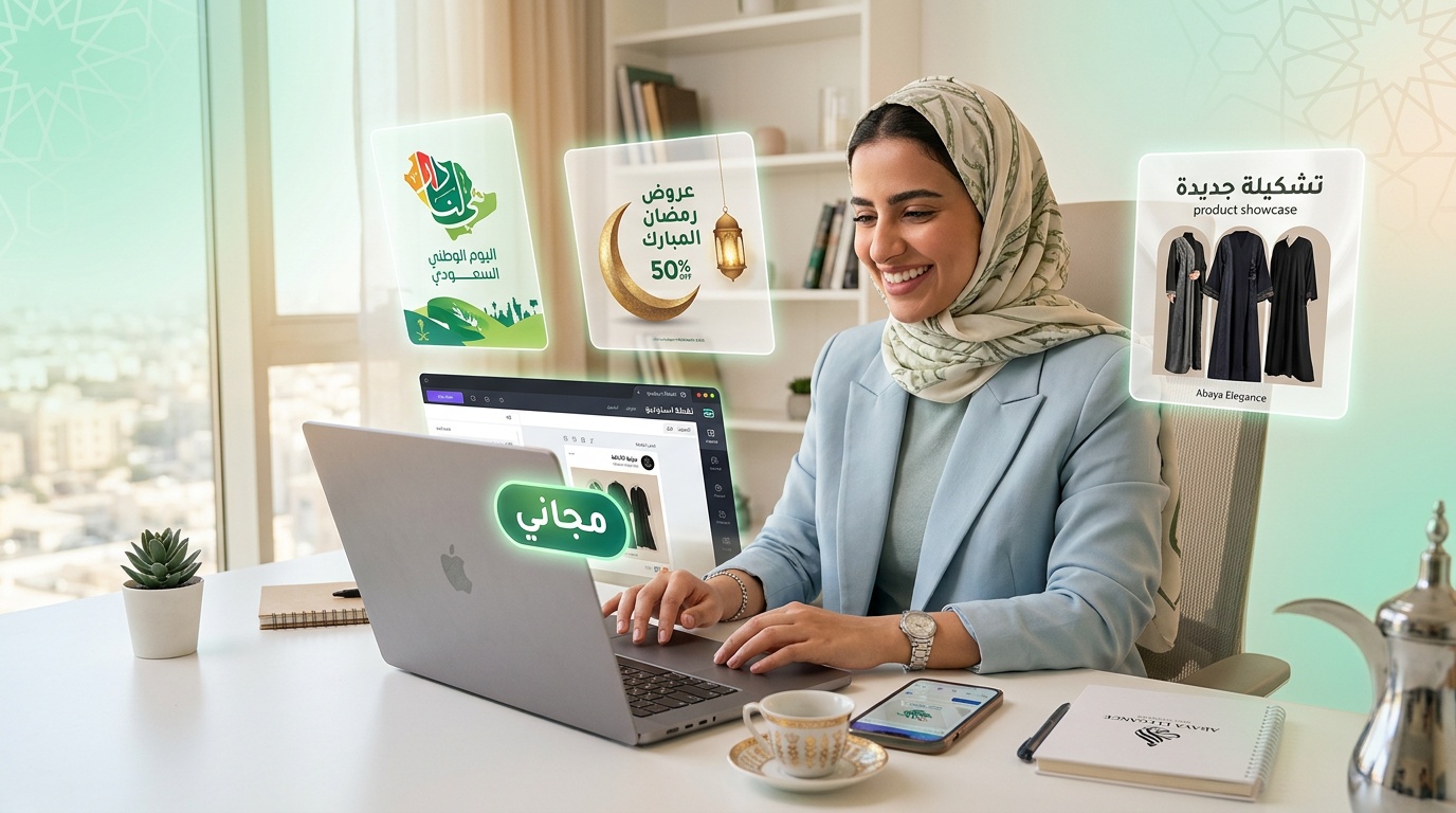 رائدة أعمال سعودية تستخدم أدوات التصميم المجانية في لقطة استوديو لتصميم إعلانات متجرها الإلكتروني