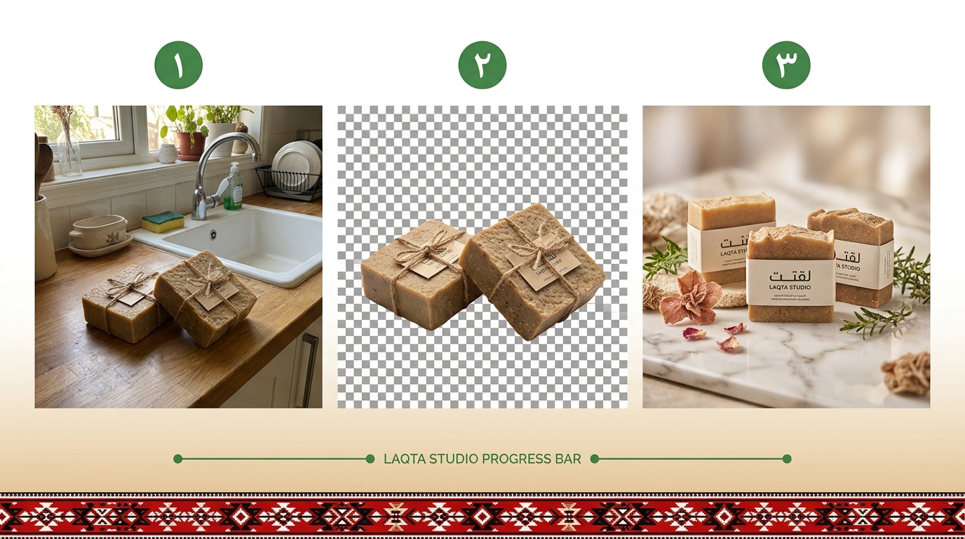 ثلاث خطوات لتصميم صور منتجات صابون سعودي يدوي من صورة عادية إلى احترافية عبر لقطة استوديو