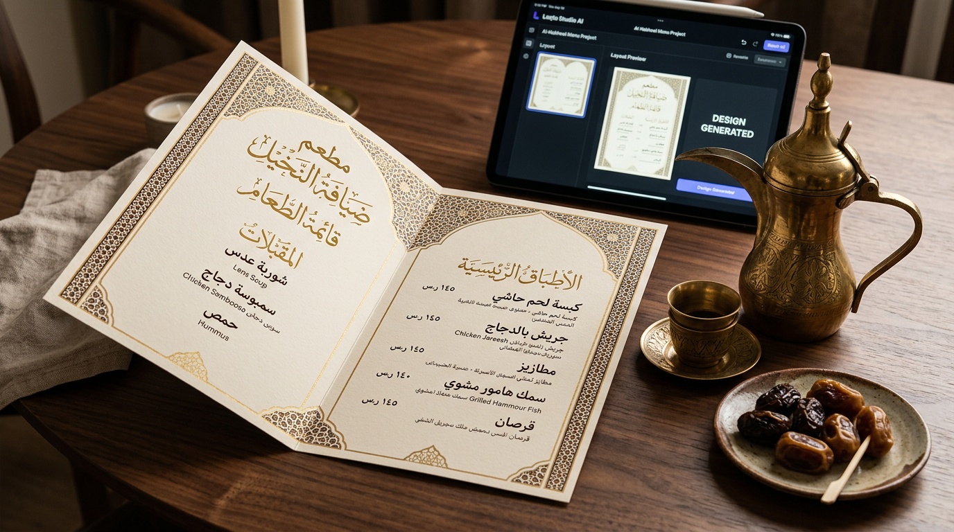 تصميم منيو مطعم سعودي احترافي بخط عربي مع دلة قهوة وتمر وزخارف ذهبية