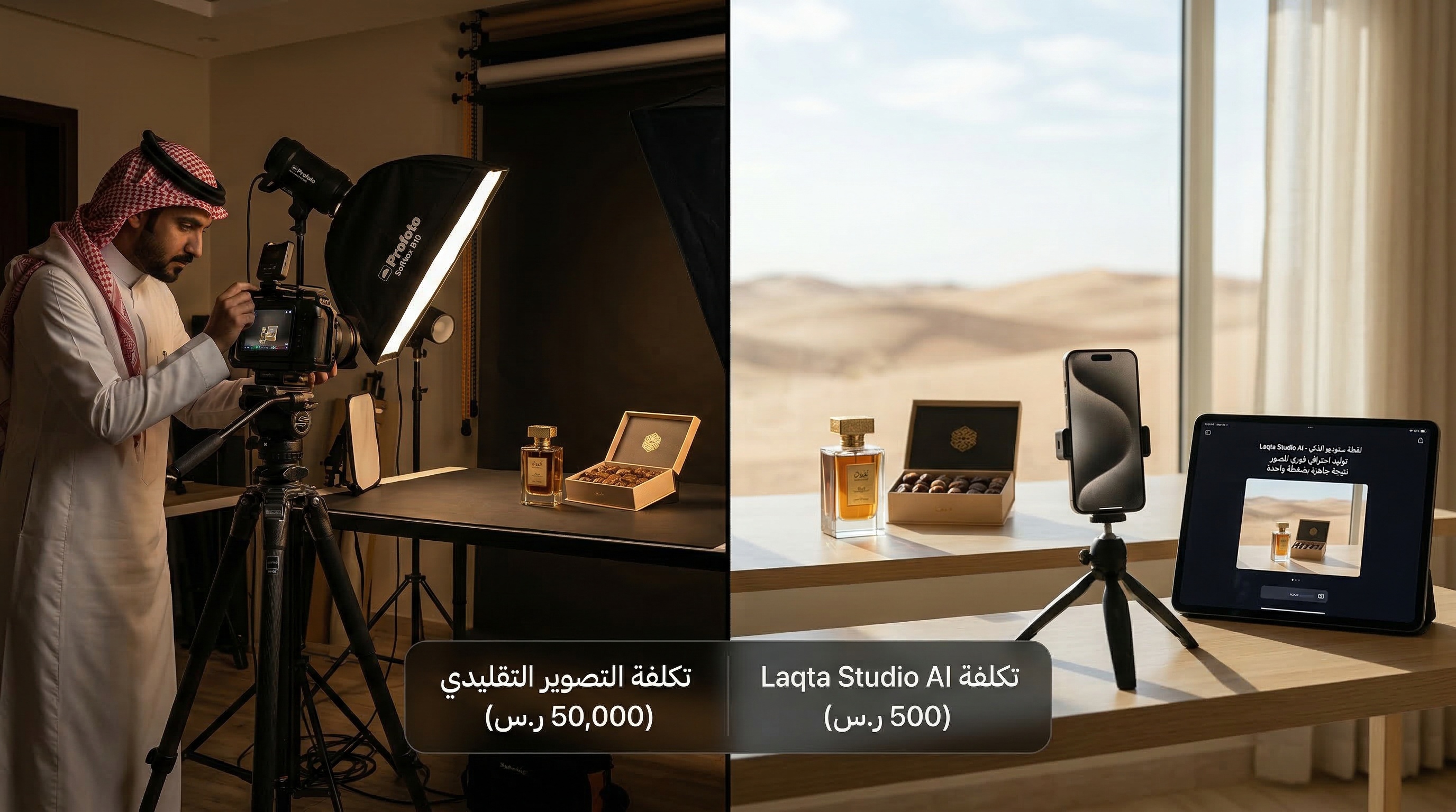 مقارنة بين التصوير الاحترافي التقليدي المكلف وتصوير الجوال مع لقطة استوديو بالذكاء الاصطناعي