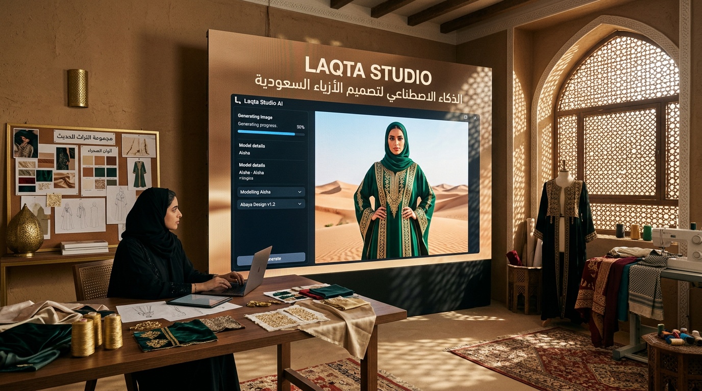 تصوير أزياء سعودية بالذكاء الاصطناعي مع عرض العبايات والموضة الخليجية - لقطة استوديو